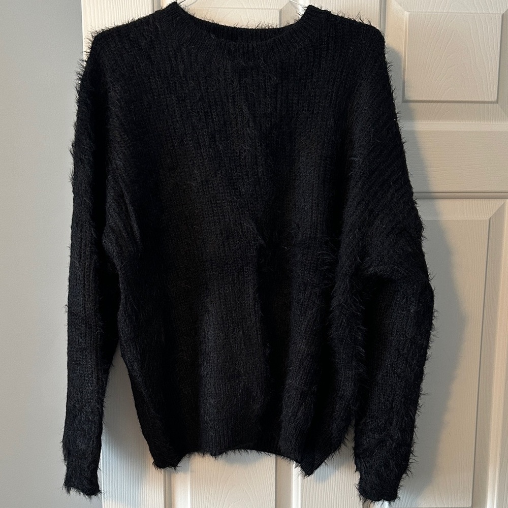 Fuzzy Black Women's Crew Neck Sweater